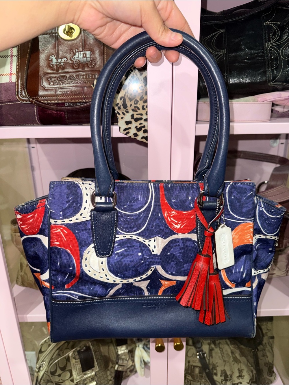 Vintage Coach Navy Multicolor Canvas Satchel with Red Tassel Accent
